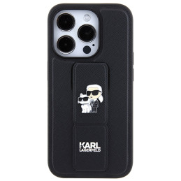 Karl Lagerfeld Gripstand Saffiano Karl&Choupette Pins dėklas, skirtas iPhone 13 Pro Max - juodas