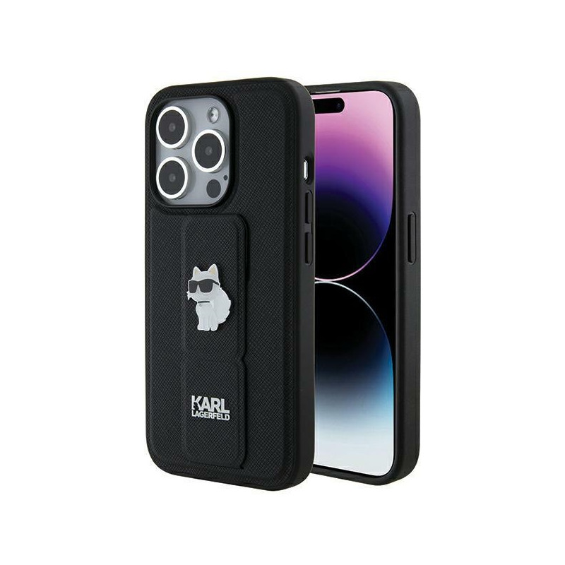 Karl Lagerfeld Gripstand Saffiano Choupette Pins dėklas iPhone 14 Pro - juodas