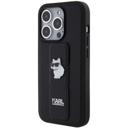 Karl Lagerfeld Gripstand Saffiano Choupette Pins dėklas iPhone 14 Pro - juodas