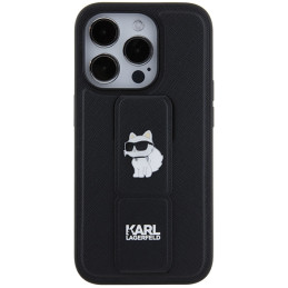 Karl Lagerfeld Gripstand Saffiano Choupette Pins dėklas iPhone 14 Pro - juodas