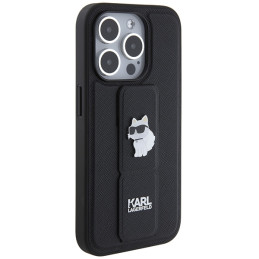 Karl Lagerfeld Gripstand Saffiano Choupette Pins dėklas iPhone 14 Pro - juodas
