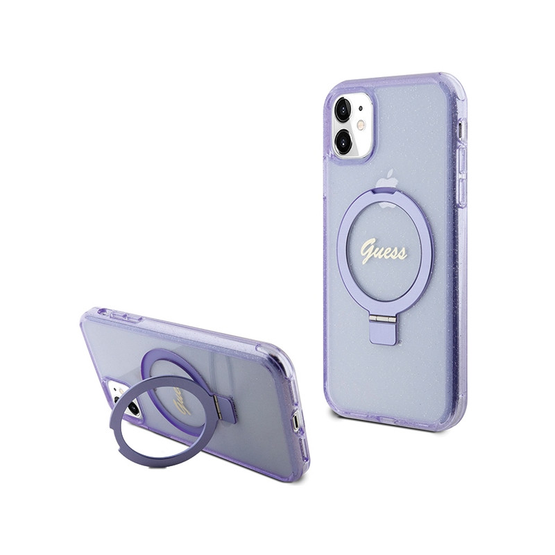 Guess Ring Stand Script Glitter MagSafe dėklas, skirtas iPhone 11 / Xr - violetinė
