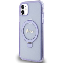 Guess Ring Stand Script Glitter MagSafe dėklas, skirtas iPhone 11 / Xr - violetinė