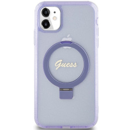 Guess Ring Stand Script Glitter MagSafe dėklas, skirtas iPhone 11 / Xr - violetinė