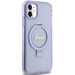 Guess Ring Stand Script Glitter MagSafe dėklas, skirtas iPhone 11 / Xr - violetinė
