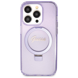 Guess Ring Stand Script Glitter MagSafe dėklas, skirtas iPhone 13 Pro Max - violetinė