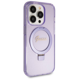 Guess Ring Stand Script Glitter MagSafe dėklas, skirtas iPhone 13 Pro Max - violetinė
