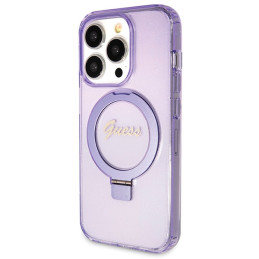 Guess Ring Stand Script Glitter MagSafe dėklas, skirtas iPhone 14 Pro - violetinė