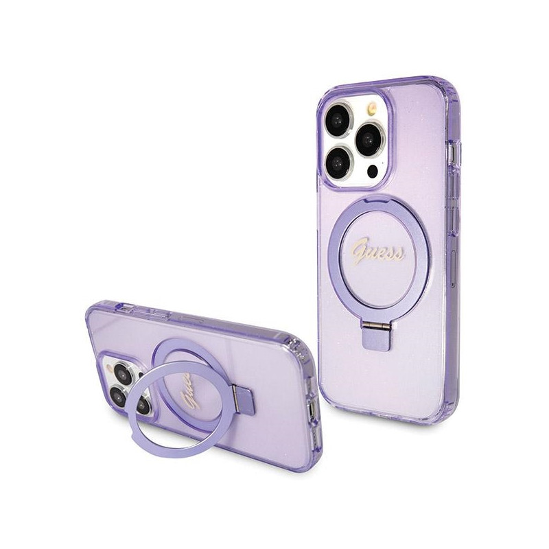 Guess Ring Stand Script Glitter MagSafe dėklas, skirtas iPhone 14 Pro Max - violetinė
