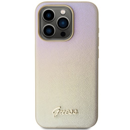 Guess Saffiano Iridescent Script dėklas, skirtas iPhone 14 Pro - auksinis