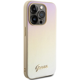 Guess Saffiano Iridescent Script dėklas, skirtas iPhone 14 Pro - auksinis