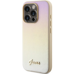 Guess Saffiano Iridescent Script dėklas, skirtas iPhone 14 Pro Max - auksinis