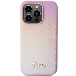 Guess Saffiano Iridescent Script dėklas, skirtas iPhone 14 Pro Max – rožinis