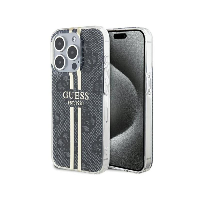 Guess IML 4G Gold Stripe dėklas iPhone 15 Pro - juodas