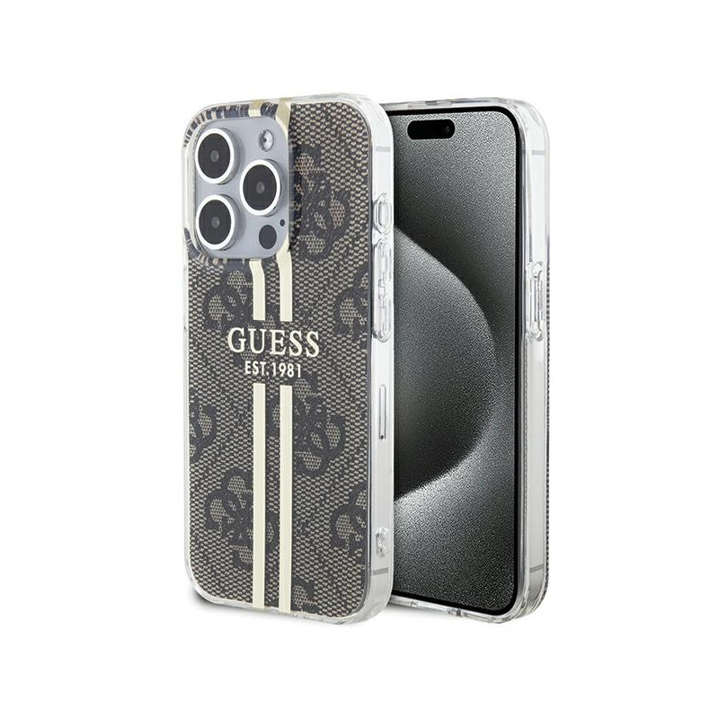 Guess IML 4G Gold Stripe dėklas, skirtas iPhone 15 Pro - rudas