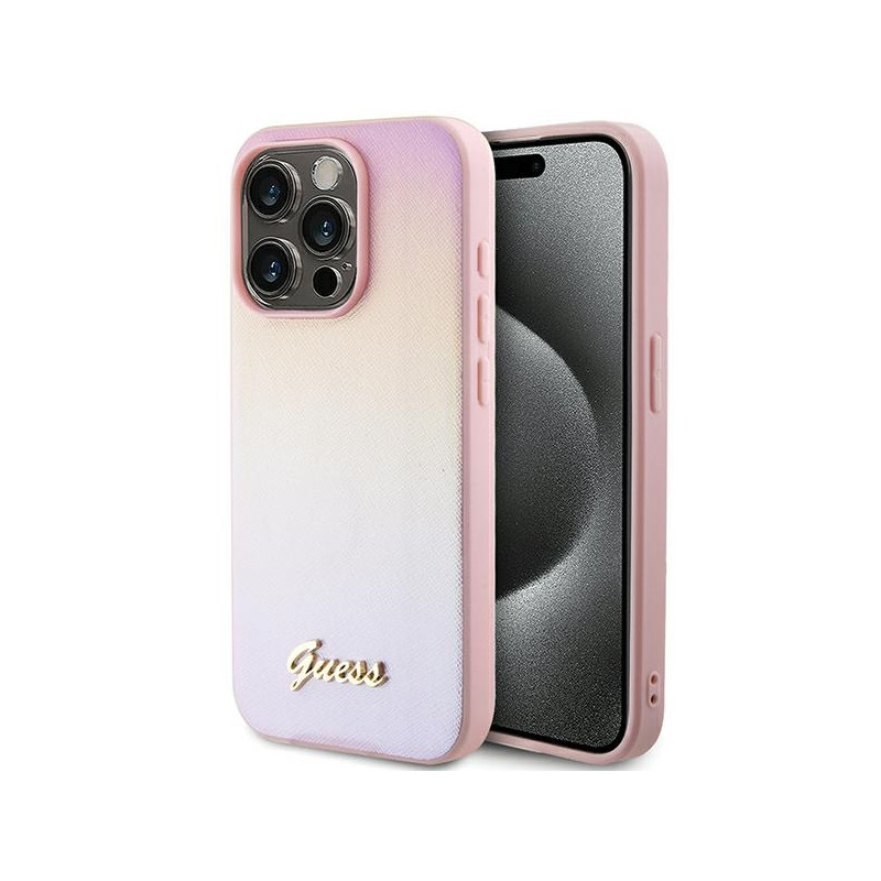 Guess Saffiano Iridescent Script dėklas, skirtas iPhone 15 Pro Max – rožinis