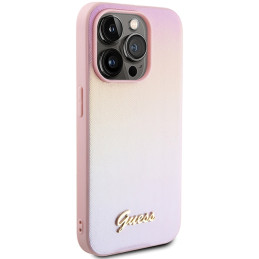 Guess Saffiano Iridescent Script dėklas, skirtas iPhone 15 Pro Max – rožinis