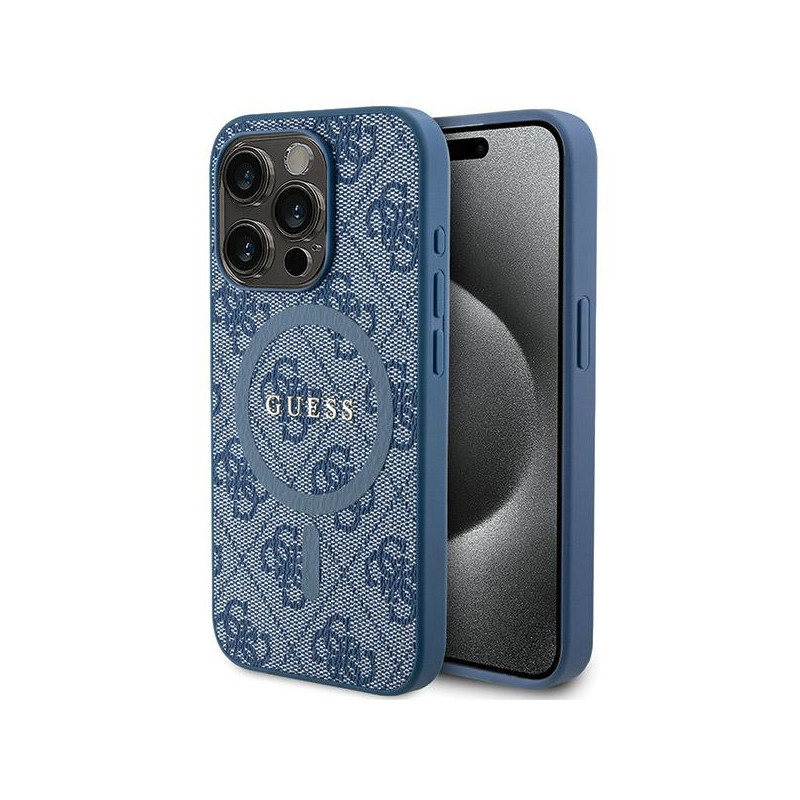 Guess 4G Collection odinis metalinis logotipas MagSafe dėklas, skirtas iPhone 14 Pro Max - mėlynas