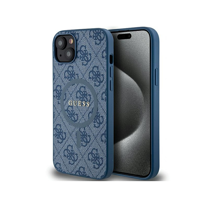 Guess 4G Collection odinis metalinis logotipas MagSafe dėklas, skirtas iPhone 15 Plus / 14 Plus - mėlynas