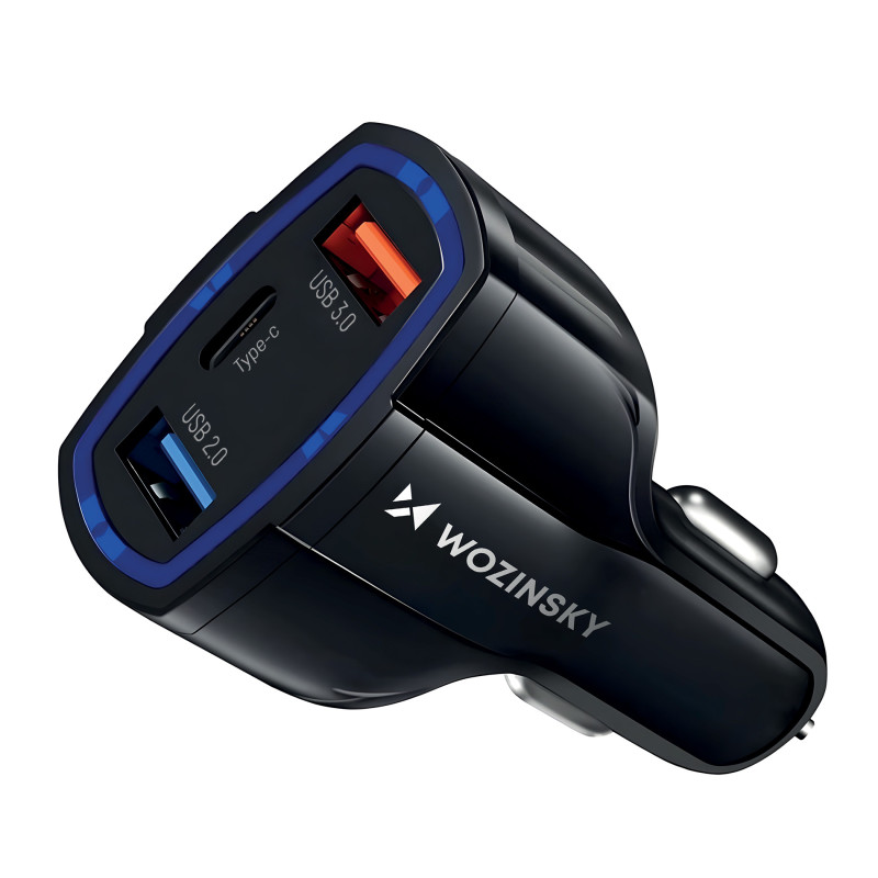 Wozinsky automobilinis įkroviklis USB x2 ir USB C juodas (WCC-01)