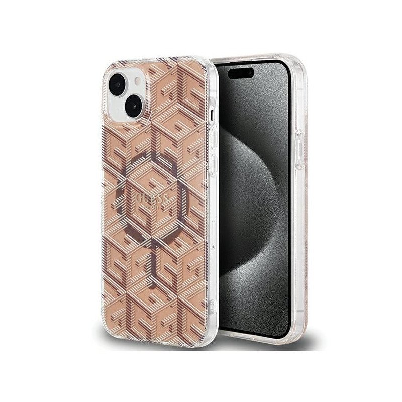 Guess IML GCube MagSafe dėklas iPhone 15 Plus / 14 Plus - rudas