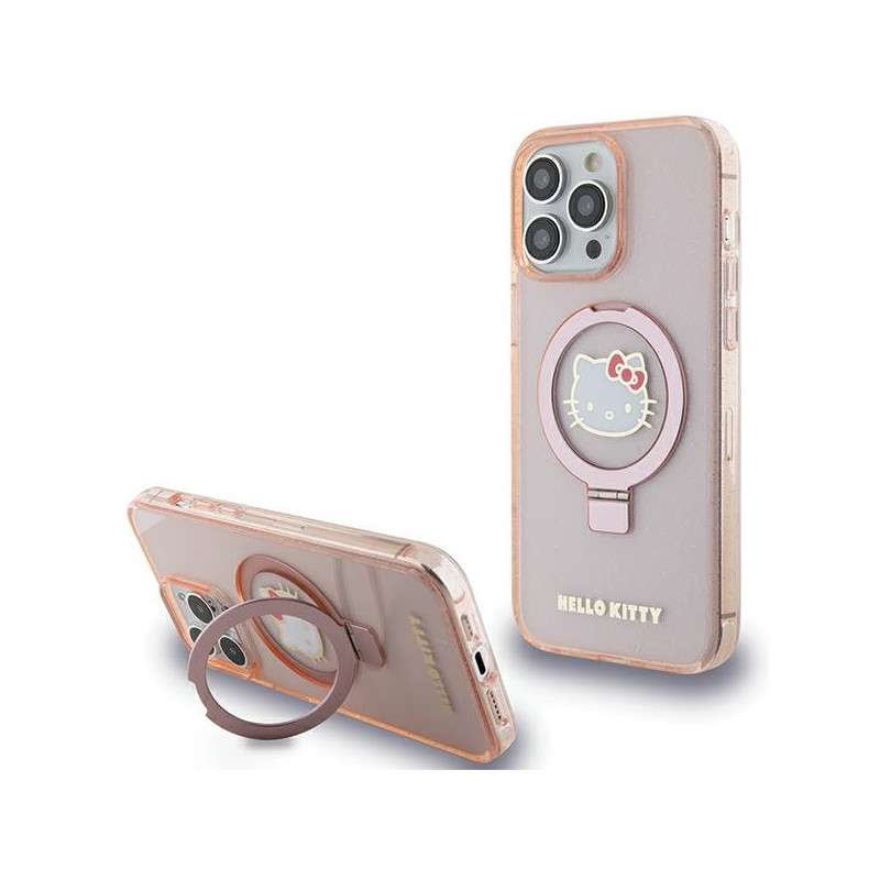 „Hello Kitty“ žiedinis stovas „Blizgantis Electrop Logo MagSafe“ dėklas, skirtas „iPhone 15 Pro Max“ – rožinis