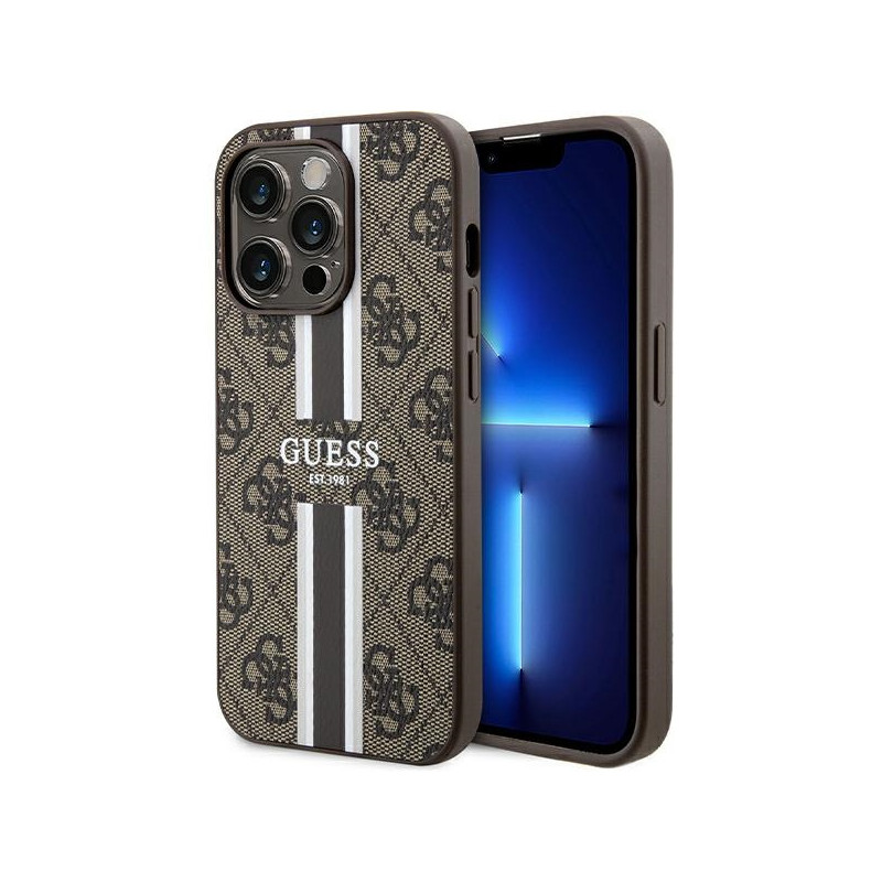 Guess 4G Printed Stripes MagSafe dėklas iPhone 15 Pro - rudas