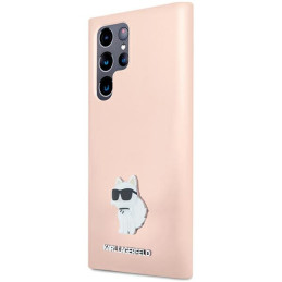 Karl Lagerfeld Silicone Choupette Metal Pin dėklas Samsung Galaxy S23 Ultra - rožinis