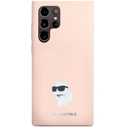 Karl Lagerfeld Silicone Choupette Metal Pin dėklas Samsung Galaxy S23 Ultra - rožinis