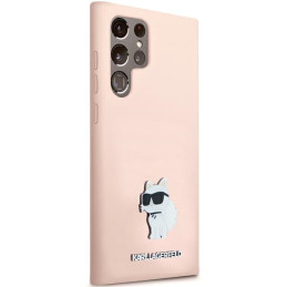 Karl Lagerfeld Silicone Choupette Metal Pin dėklas Samsung Galaxy S23 Ultra - rožinis