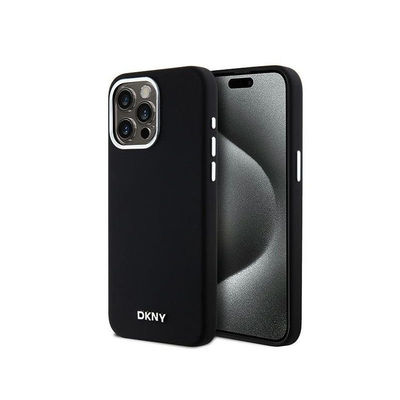 DKNY skysto silikono mažas metalinis logotipas MagSafe dėklas, skirtas iPhone 14 Pro Max - juodas