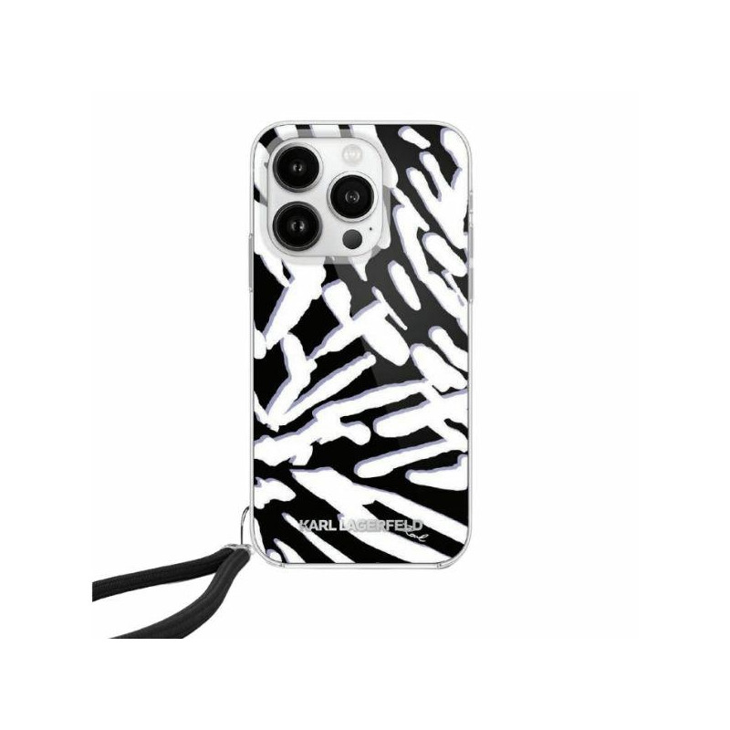 Karl Lagerfeld IML Zebra Pattern & Cord dėklas, skirtas iPhone 15 Pro - juodas
