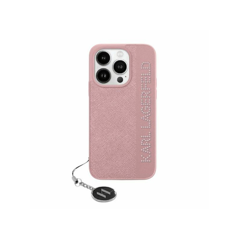 Karl Lagerfeld Saffiano Rhinestones & Charm dėklas, skirtas iPhone 15 Pro – rožinis