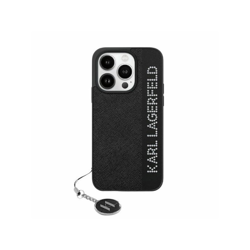 Karl Lagerfeld Saffiano Rhinestones & Charm dėklas, skirtas iPhone 15 / 14 / 13 - juodas
