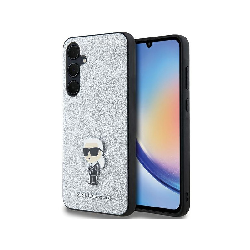 Karl Lagerfeld Fixed Glitter Ikonik Logo metalinis dėklas, skirtas Samsung Galaxy A35 – sidabrinis
