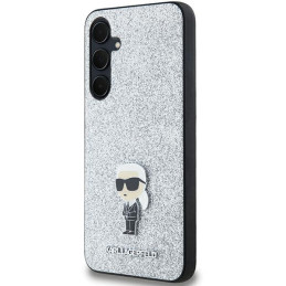 Karl Lagerfeld Fixed Glitter Ikonik Logo metalinis dėklas, skirtas Samsung Galaxy A35 – sidabrinis