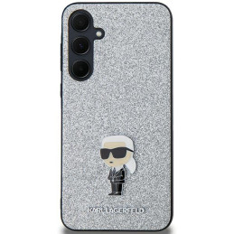Karl Lagerfeld Fixed Glitter Ikonik Logo metalinis dėklas, skirtas Samsung Galaxy A35 – sidabrinis