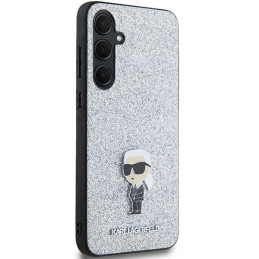 Karl Lagerfeld Fixed Glitter Ikonik Logo metalinis dėklas, skirtas Samsung Galaxy A35 – sidabrinis