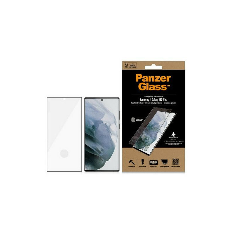 PanzerGlass E2E Microfracture antibakterinis stiklas, skirtas Samsung Galaxy S22 Ultra - su juodu rėmeliu