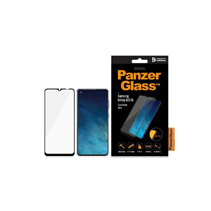 PanzerGlass E2E Įprastas grūdintas stiklas, skirtas Samsung Galaxy A22 5G - su juodu rėmeliu