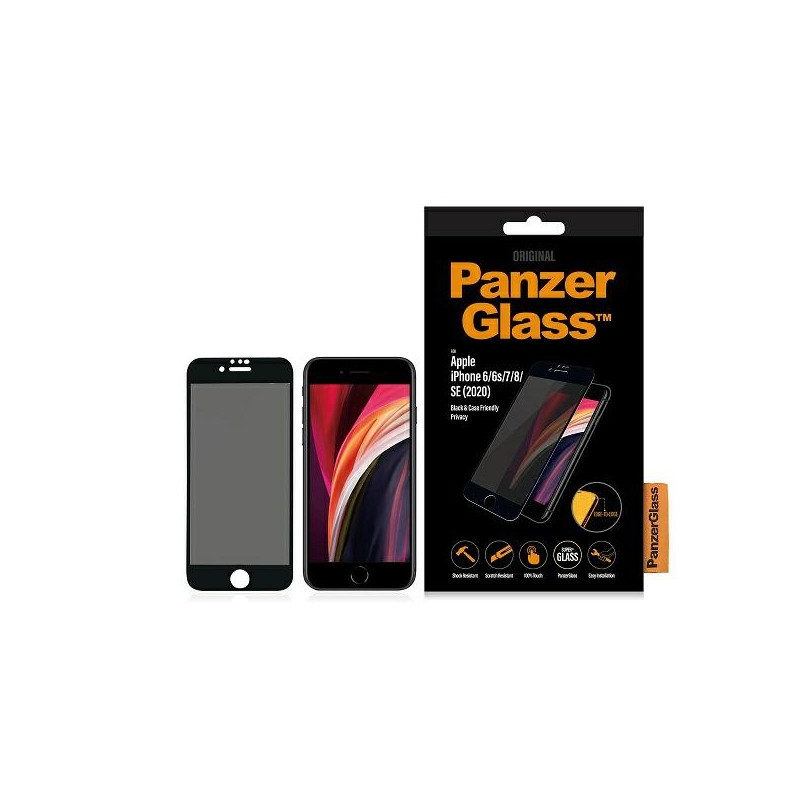 PanzerGlass E2E Super+ privatumo grūdintas stiklas, skirtas iPhone 6 / 6s / 7 / 8 / SE 2020 / SE 2022 - su juodu rėmeliu