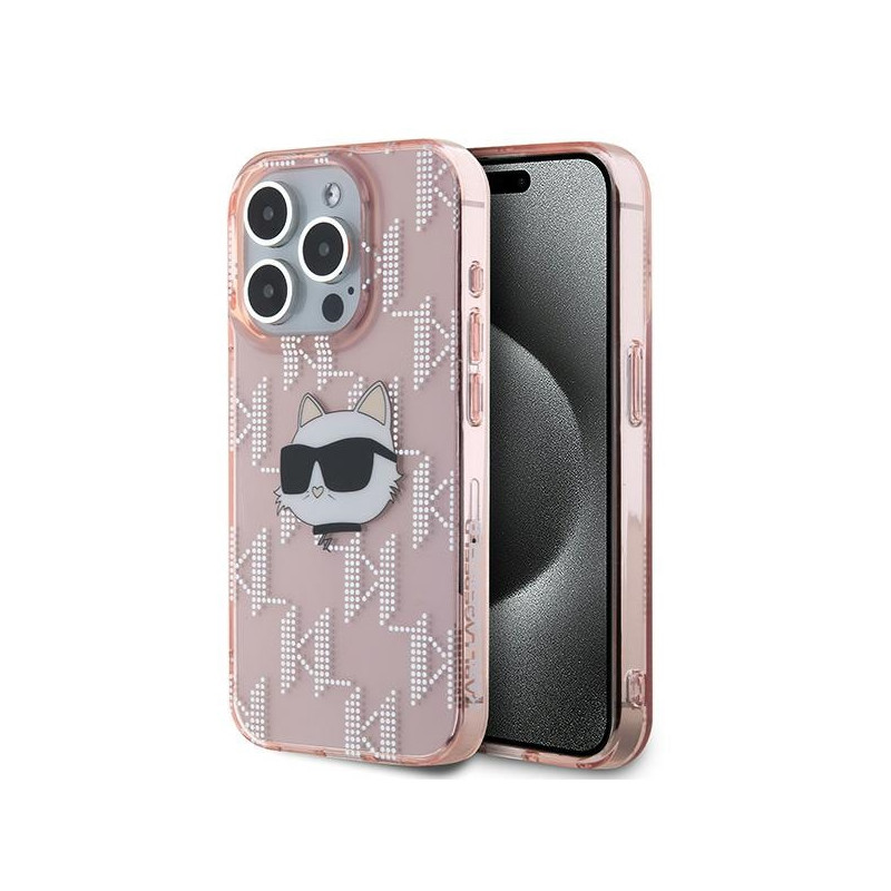Karl Lagerfeld IML Choupette Head & Monogram dėklas iPhone 15 Pro - rožinis