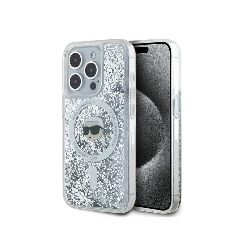Karl Lagerfeld Liquid Glitter Karl Head MagSafe dėklas iPhone 15 Pro - skaidrus