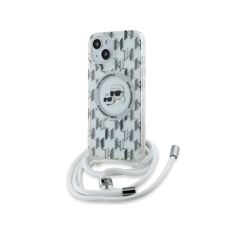 Karl Lagerfeld IML Crossbody Monogram Karl & Choupette Head MagSafe dėklas, skirtas iPhone 15/ 14/ 13 – skaidrus