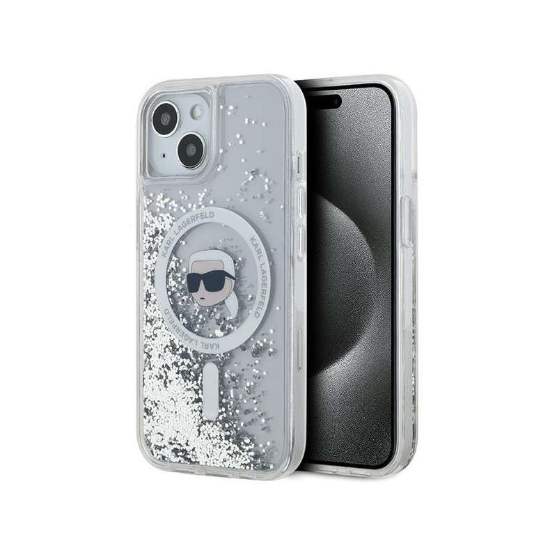 Karl Lagerfeld Liquid Glitter Karl Head MagSafe dėklas, skirtas iPhone 15 / 14 / 13 - skaidrus