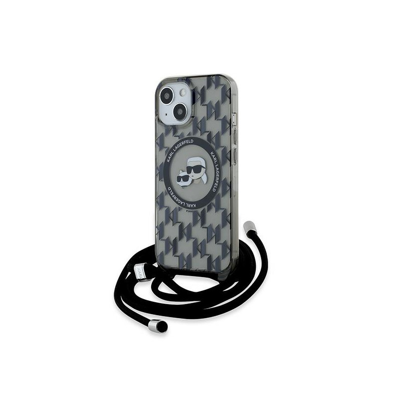 Karl Lagerfeld IML Crossbody Monogram Karl & Choupette Head MagSafe dėklas, skirtas iPhone 15/ 14/ 13 – juodas