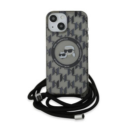 Karl Lagerfeld IML Crossbody Monogram Karl & Choupette Head MagSafe dėklas, skirtas iPhone 15/ 14/ 13 – juodas