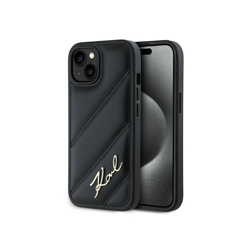 Karl Lagerfeld Diagonal Quilted Script dėklas, skirtas iPhone 15 Plus / 14 Plus - juodas