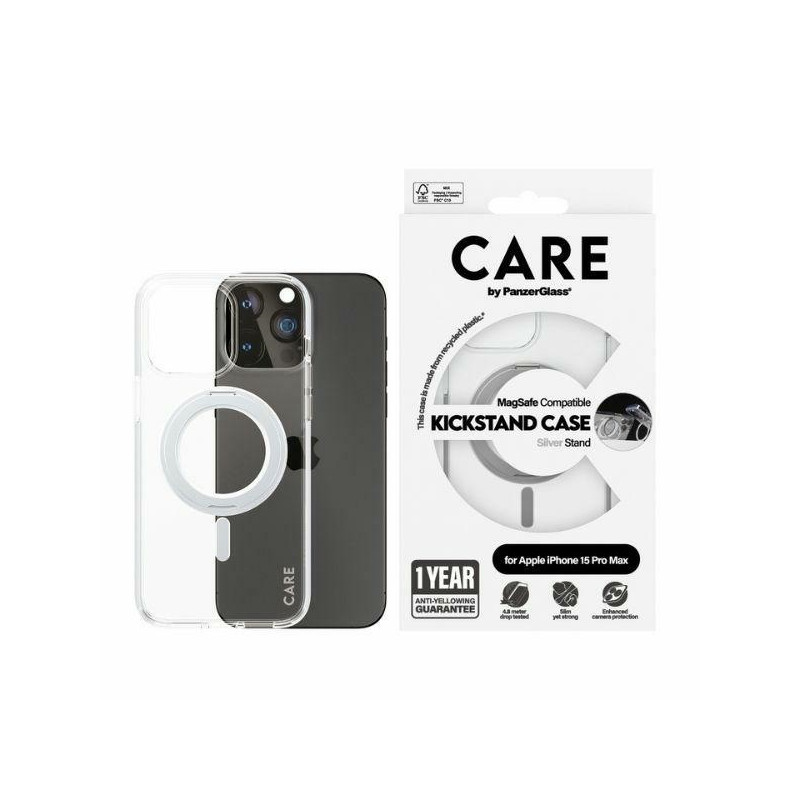 CARE by PanzerGlass Kickstand Case MagSafe, skirtas iPhone 15 Pro Max – sidabrinis