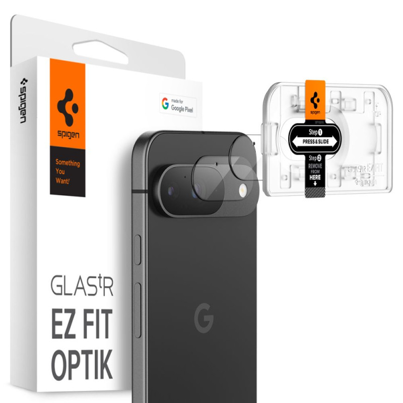„Spigen Optik.tR Ez Fit“ fotoaparato grūdintas stiklas, skirtas „Google Pixel 9“ (2 pakuotės)